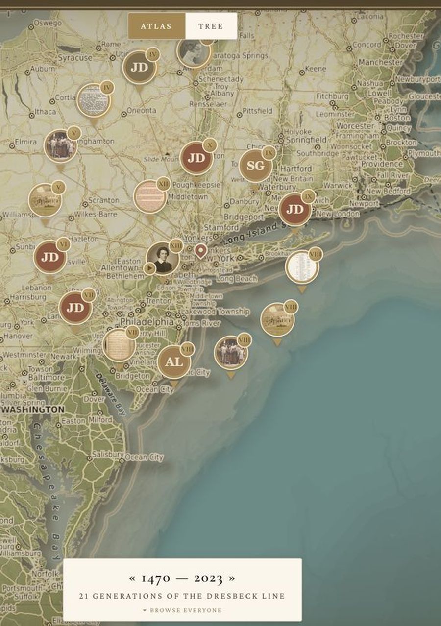 The Family Atlas: one family's ancestors pinned across a map of the Northeast, 1470 to 2023
